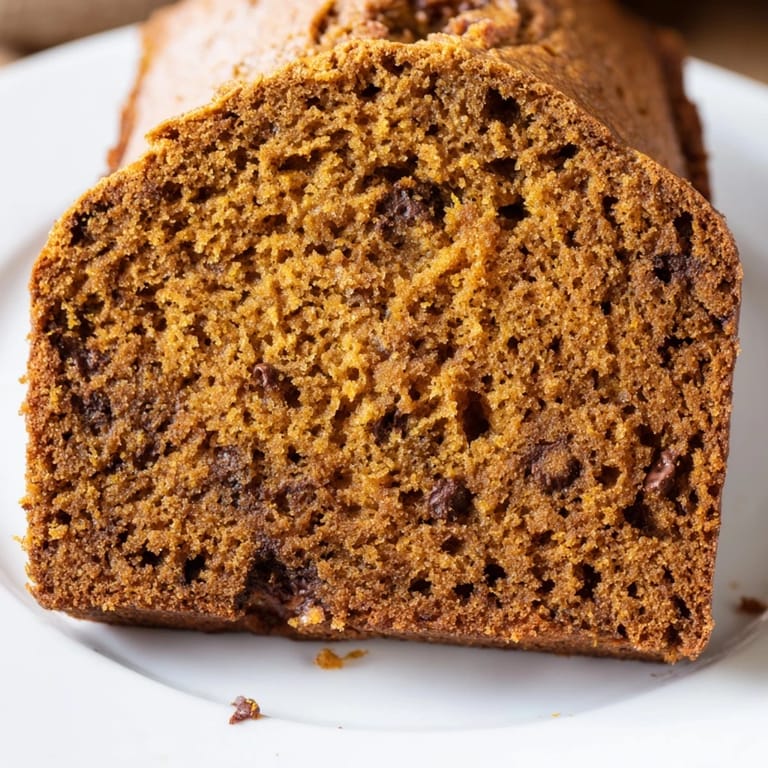 Freshly baked pumpkin bread loaf cooling on a wire rack, with a kitchen towel and small pumpkin in the background.