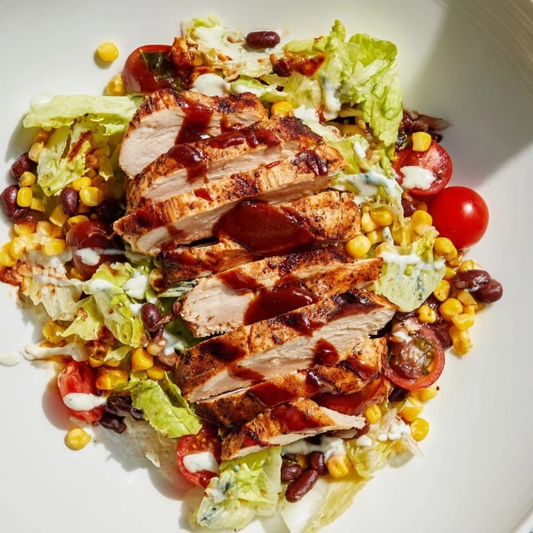 A hearty BBQ Chicken Salad with grilled corn, black beans, red onion, and optional avocado, featuring juicy chicken strips atop vibrant greens for a satisfying summer meal.
