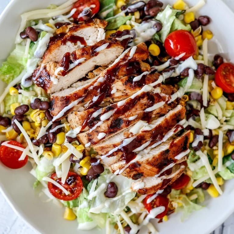 Vibrant BBQ Chicken Salad showcases a platter of chopped romaine, smoky grilled chicken, corn, black beans, tomatoes, and a zesty ranch drizzle, perfect for a quick gluten-free dinner.