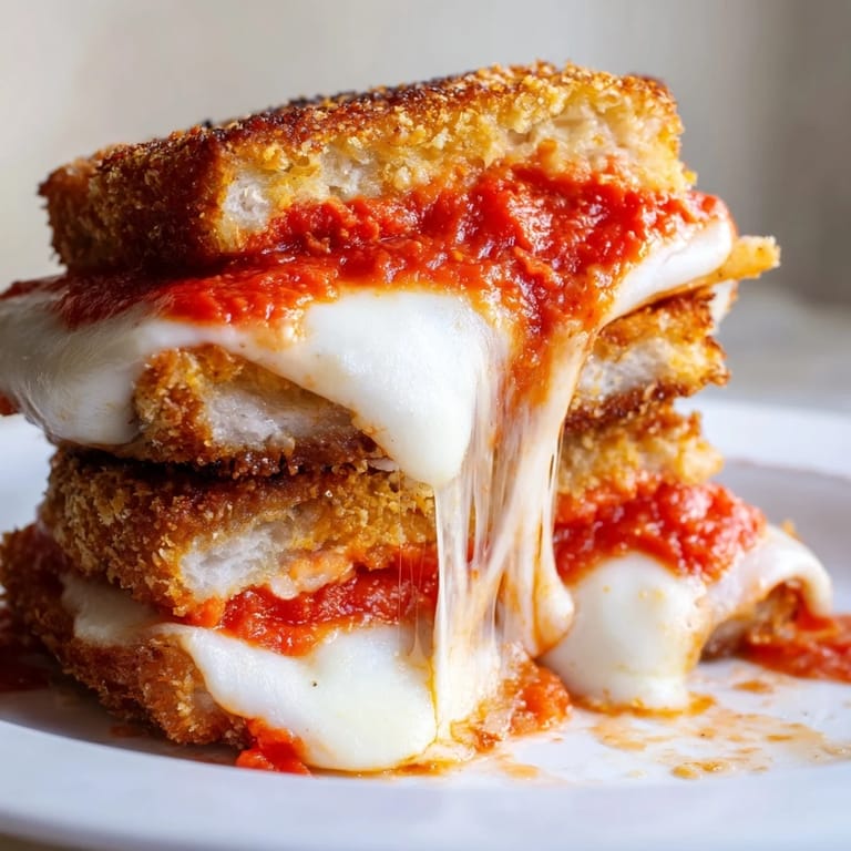 A close-up of Chicken Parm Grilled Cheese reveals a juicy breaded chicken cutlet layered with zesty marinara and gooey cheese.