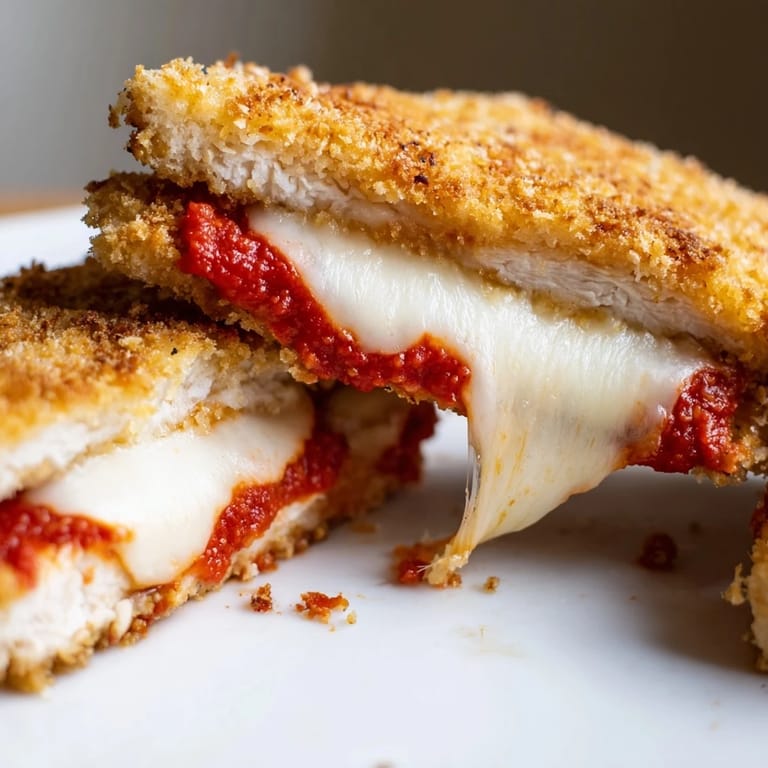 Serve these hearty Chicken Parm Grilled Cheese halves with a side salad, showcasing toasted bread and vibrant red sauce.
