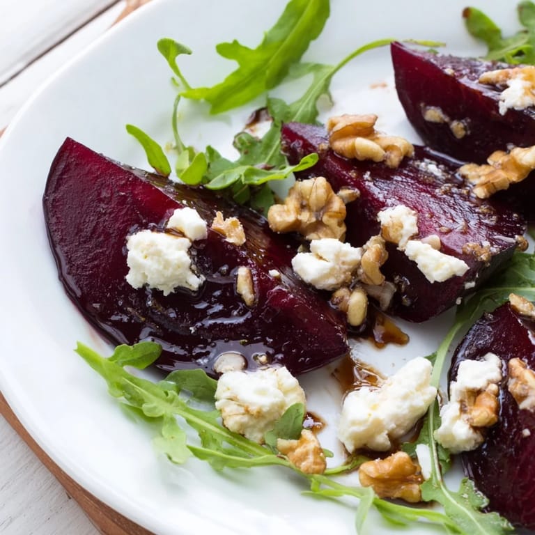 A close-up of Roasted Beet Goat Cheese Salad drizzled with balsamic vinaigrette, ready to serve for dinner.