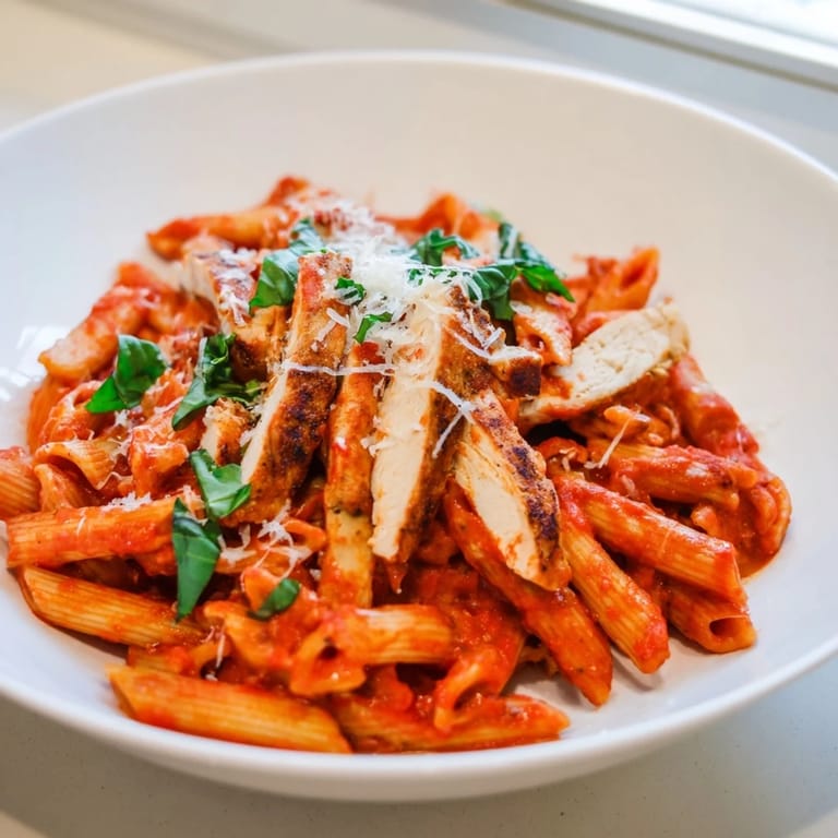 A vibrant bowl of Spicy Tomato Chicken Pasta topped with fresh basil and cheese.  