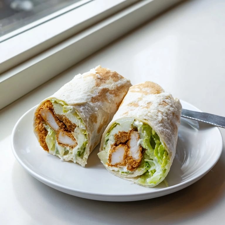 Homemade Crispy Chicken Caesar Wrap served warm with lemon wedges and extra Caesar dressing on the side.