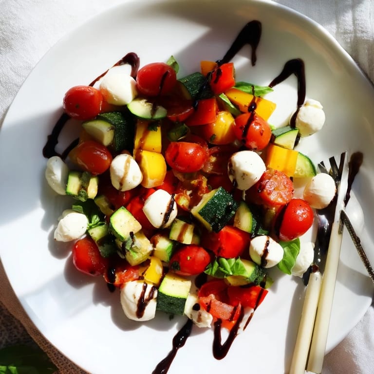 Roasted Veggie Caprese Salad on a platter with tender vegetables, torn basil leaves, and a sweet-tangy balsamic glaze, perfect for a light lunch.