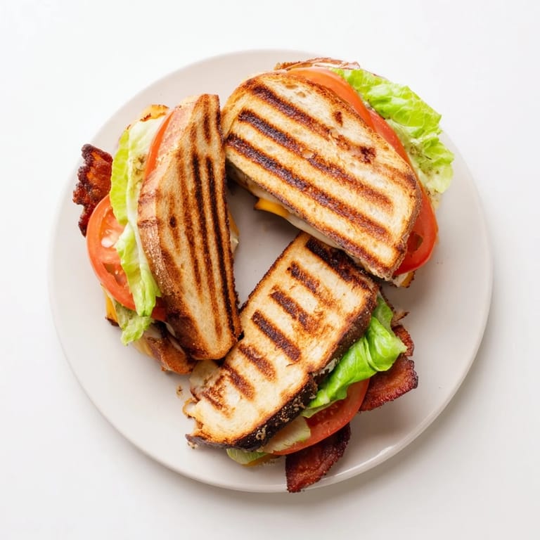 Close-up of the Vegan Bacon BLT Grilled Cheese, featuring bubbly vegan cheese and crispy, smoky tempeh bacon between perfectly grilled bread.