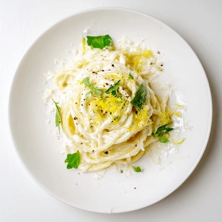 Light and airy plating of Lemon Ricotta Pasta garnished with parsley, lemon slices, and a light dusting of Parmesan.