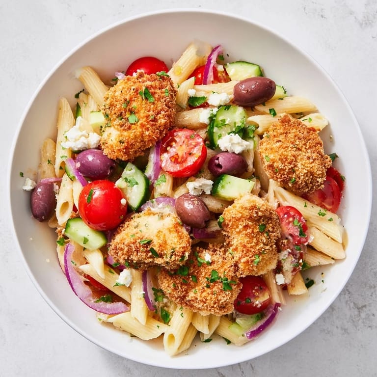 A vibrant bowl of Crispy Chicken Greek Pasta with juicy chicken, colorful tomatoes, cucumbers, and briny Kalamata olives.