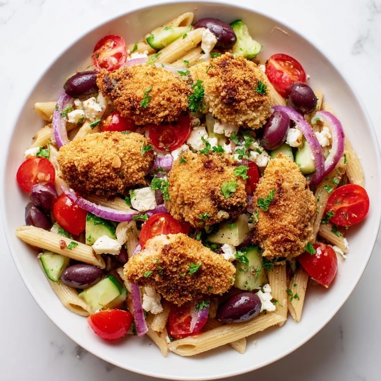 Hearty Crispy Chicken Greek Pasta served warm, featuring golden breaded chicken, al dente pasta, and a bright Mediterranean salad.