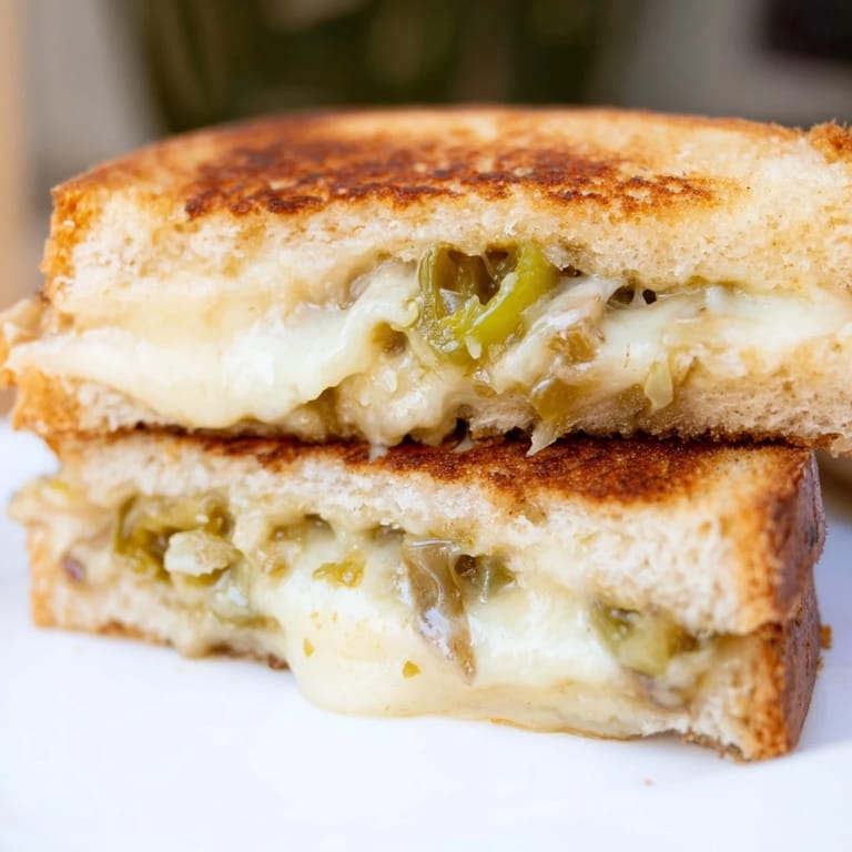 Sizzling jalapeño pepper jack grilled cheese sandwich in a skillet, with tangy pickled jalapeños and melted cheese.  