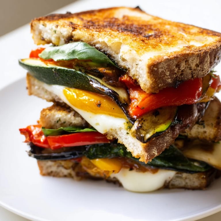 Ready-to-serve Roasted Veggie Caprese Grilled Cheese shows crisp crust, oozing cheese, and colorful roasted vegetables layered with tomato and basil.