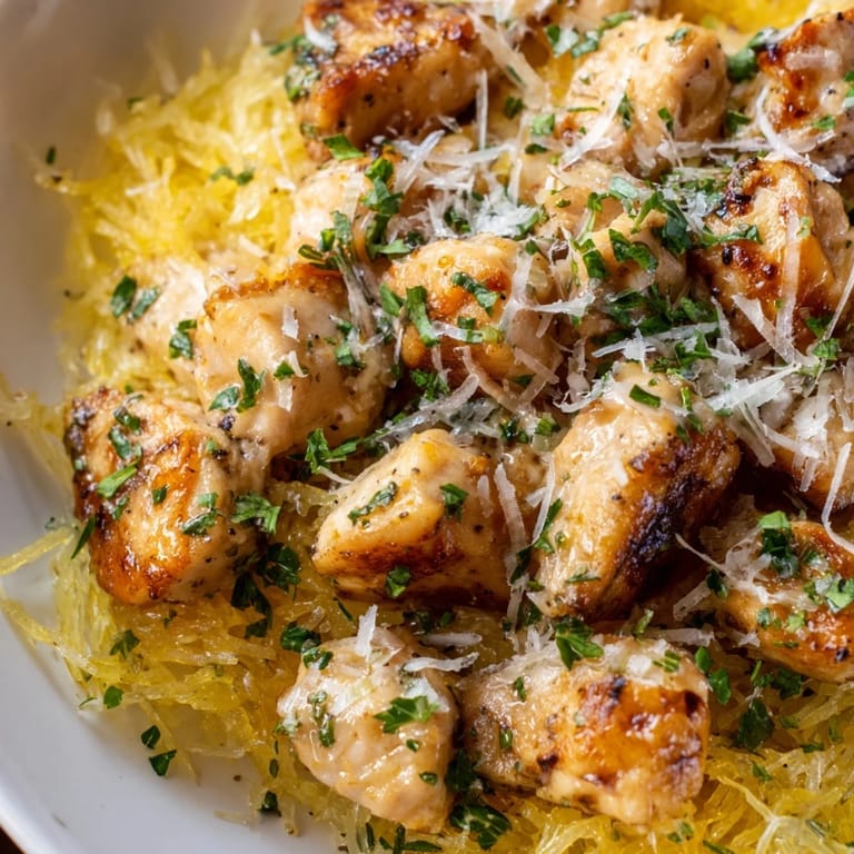 Close-up view of Lemon Garlic Chicken Spaghetti Squash, highlighting tender chicken, roasted squash strands, and melted Parmesan on a rustic plate.