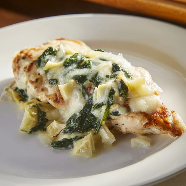 A close-up of creamy spinach and artichoke chicken bake served with a fresh green salad on the side.