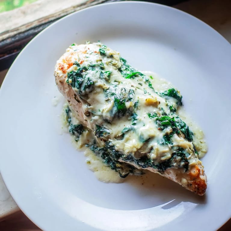 Tender baked chicken breasts smothered in a creamy spinach and artichoke topping, garnished with a pinch of red pepper flakes.