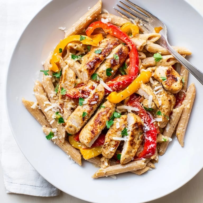 A vibrant skillet of Creamy Cajun Chicken Pasta Lite with colorful bell peppers and a lemony, reduced-fat cream sauce.  