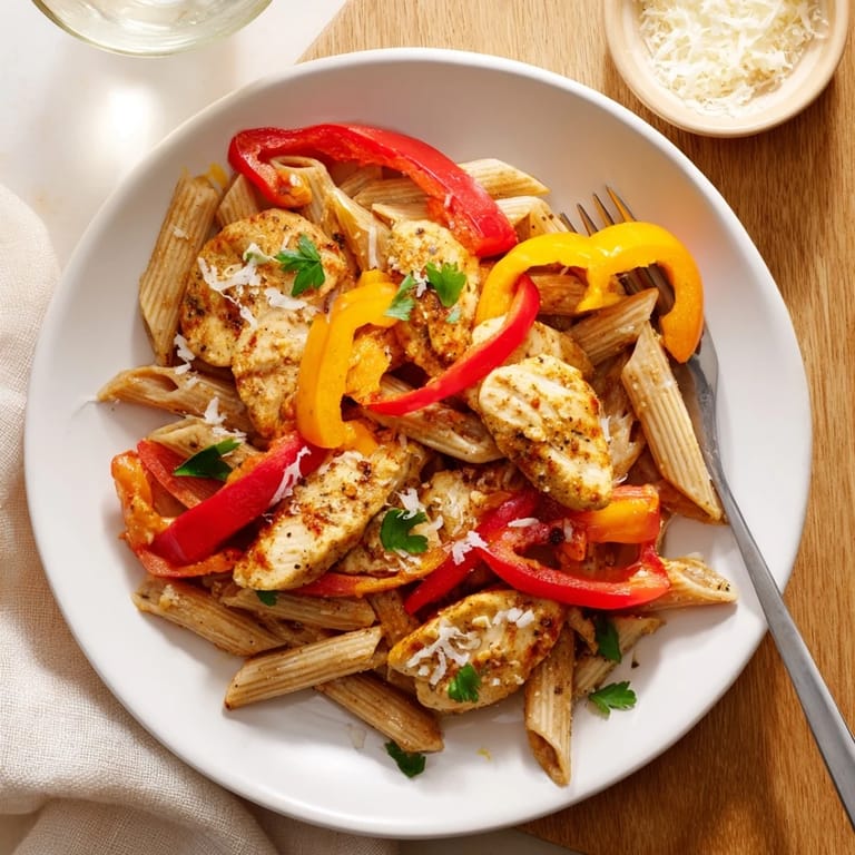Close-up of Creamy Cajun Chicken Pasta Lite revealing tender chicken and penne coated in a creamy Cajun sauce with Parmesan.