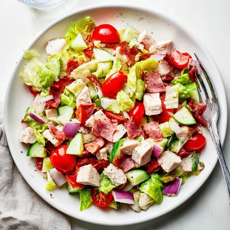 Close-up of Italian Deli Chopped Chicken Salad with vibrant red tomatoes, green cucumbers, sliced pepperoncini, and white provolone cubes glistening with herbaceous dressing.