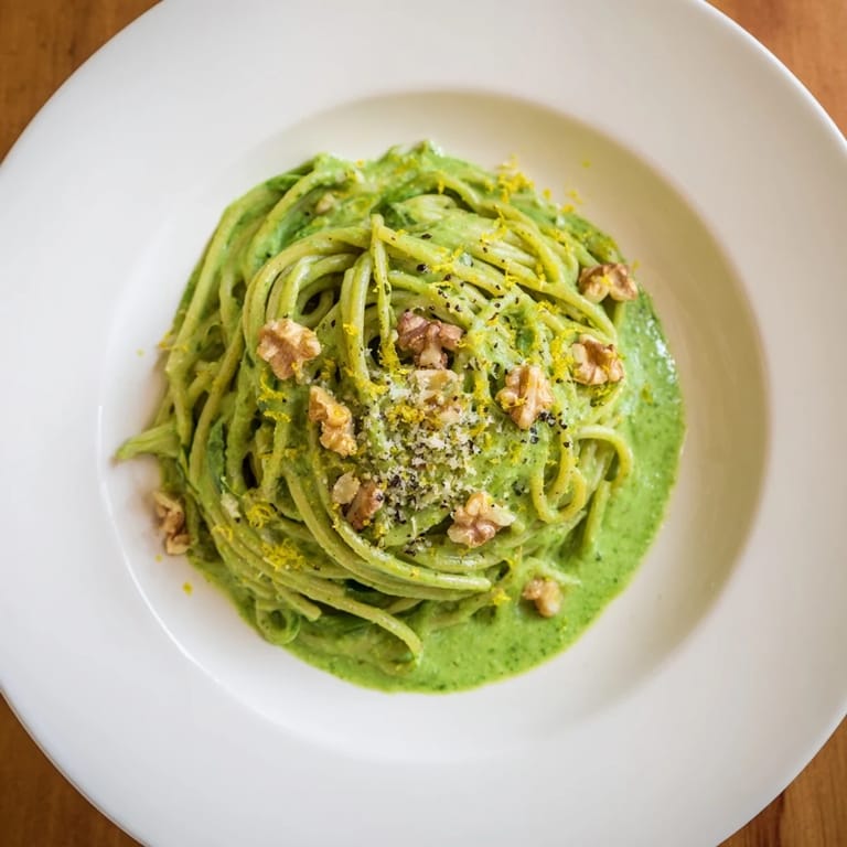 Close-up of a warm bowl of Creamy Spinach Walnut Pasta topped with extra toasted walnuts and black pepper, highlighting the lush, emerald sauce coating every spiral of pasta.