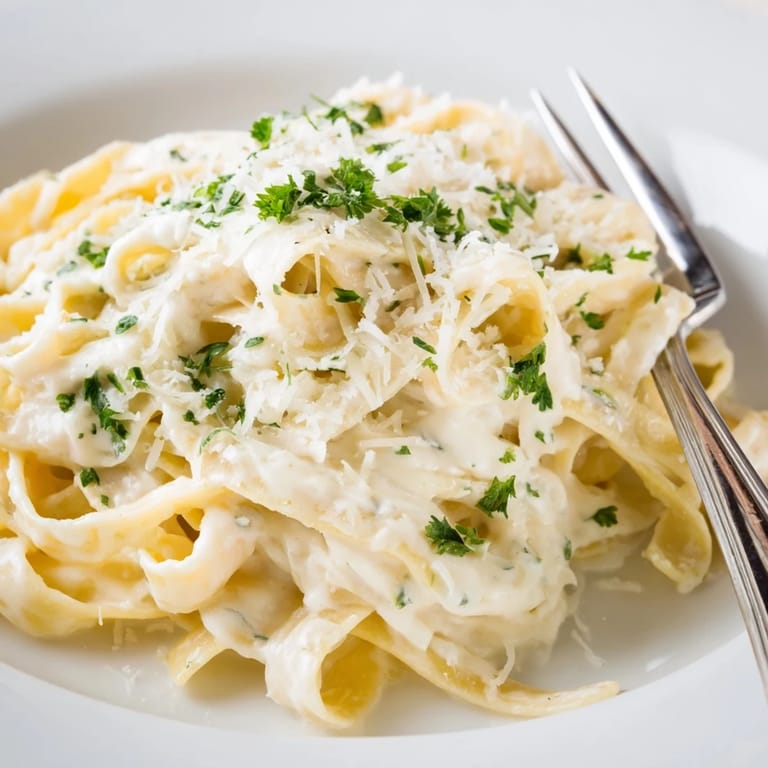 A plate of Easy Creamy Cauliflower Alfredo highlights tender noodles and a light, creamy cauliflower sauce.