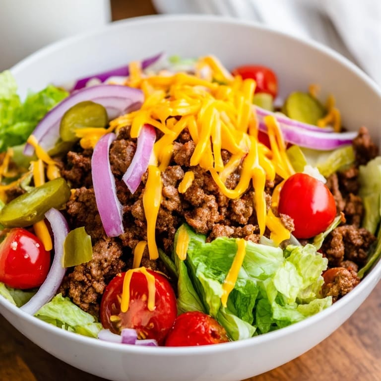 A deconstructed Easy Big Mac in a Bowl featuring seasoned ground beef, dill pickles, and a drizzle of creamy special sauce over chopped romaine.