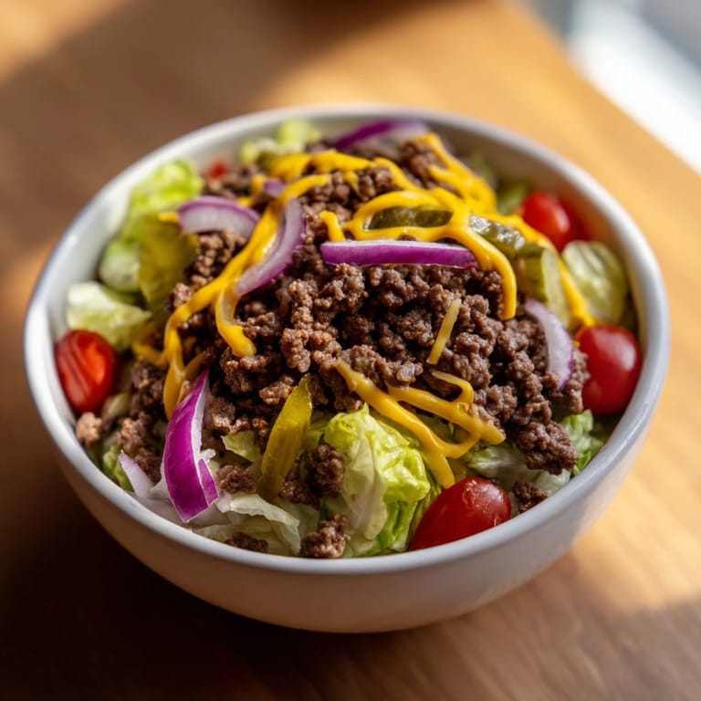 Gluten-free Easy Big Mac in a Bowl served in individual white bowls, topped with savory beef, fresh veggies, and shredded cheddar.