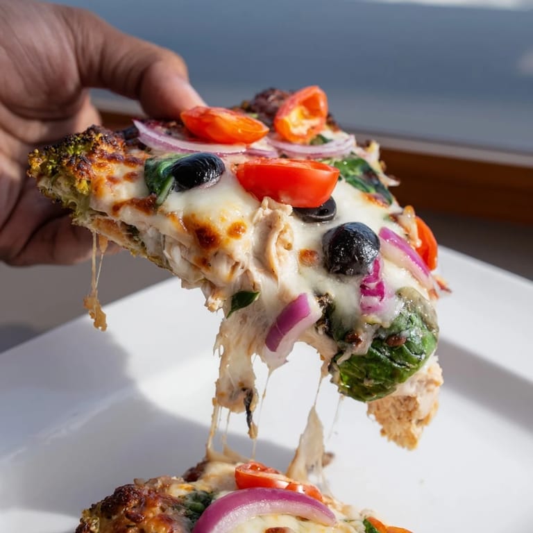 Broccoli Chicken Crust Pizza with a golden, cheesy edge and vibrant vegetable toppings, ready to serve for a healthy gluten-free family dinner.