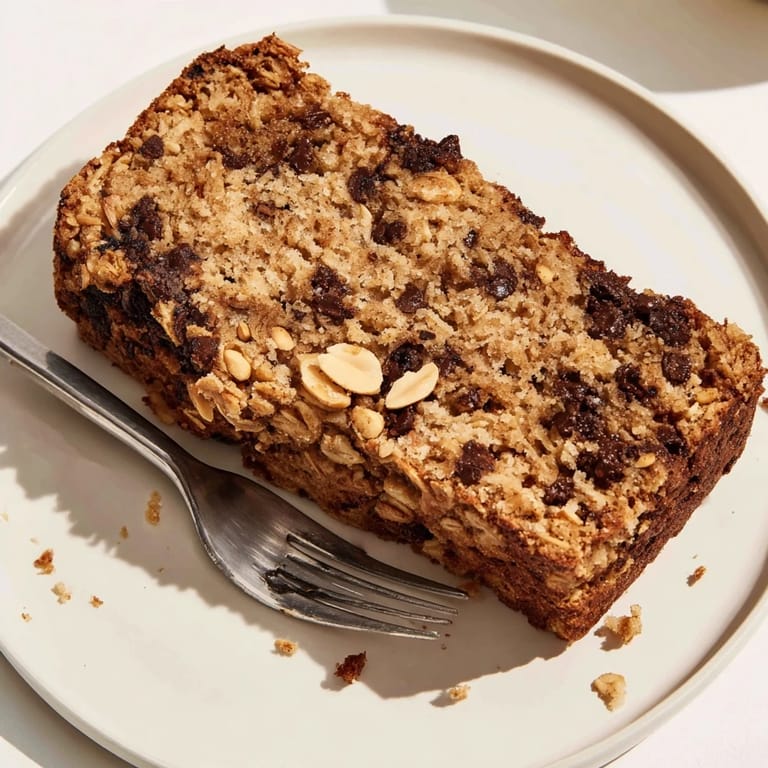 A warm slice of Chocolate Chip Peanut Butter Oatmeal Banana Bread served with a tall glass of cold milk.