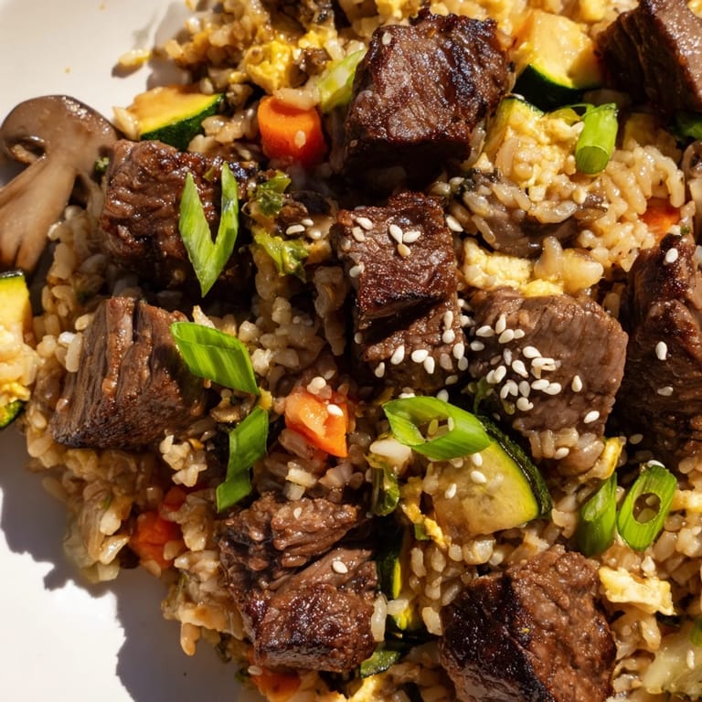 A close-up of sizzling Easy Hibachi Steak With Fried Rice, showcasing crispy rice texture, colorful veggies, and savory sesame notes.