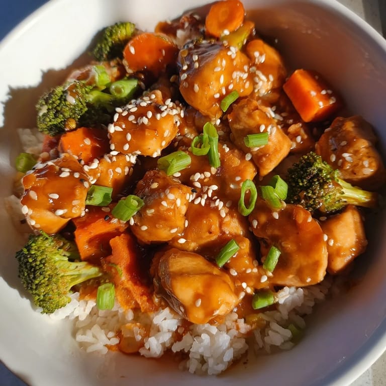 A close-up of One Pan Honey Garlic Chicken Broccoli Rice showcases glazed chicken pieces, bright green broccoli, and glossy sesame seeds.
