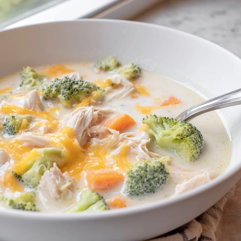 Thick and comforting Chicken Broccoli Cheddar Soup garnished with herbs, perfect for a chilly evening meal.