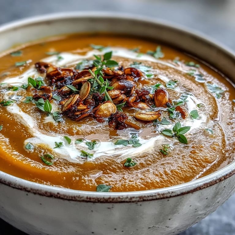 Steaming bowl of creamy roasted butternut squash soup topped with toasted seeds, ready for cozy comfort.