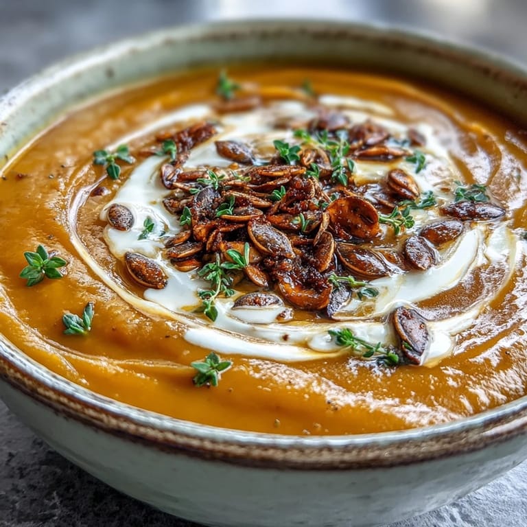 Golden puree of roasted butternut squash soup in a white bowl, drizzled with cream and fresh herbs.