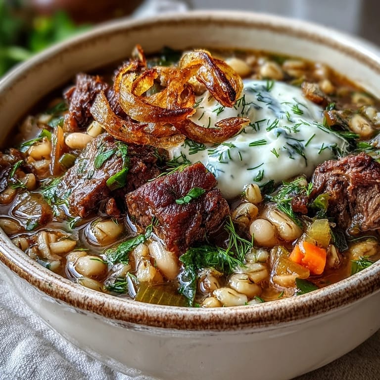 Thick, aromatic Beef Barley Soup simmering with tender beef, carrots, and fresh herbs.