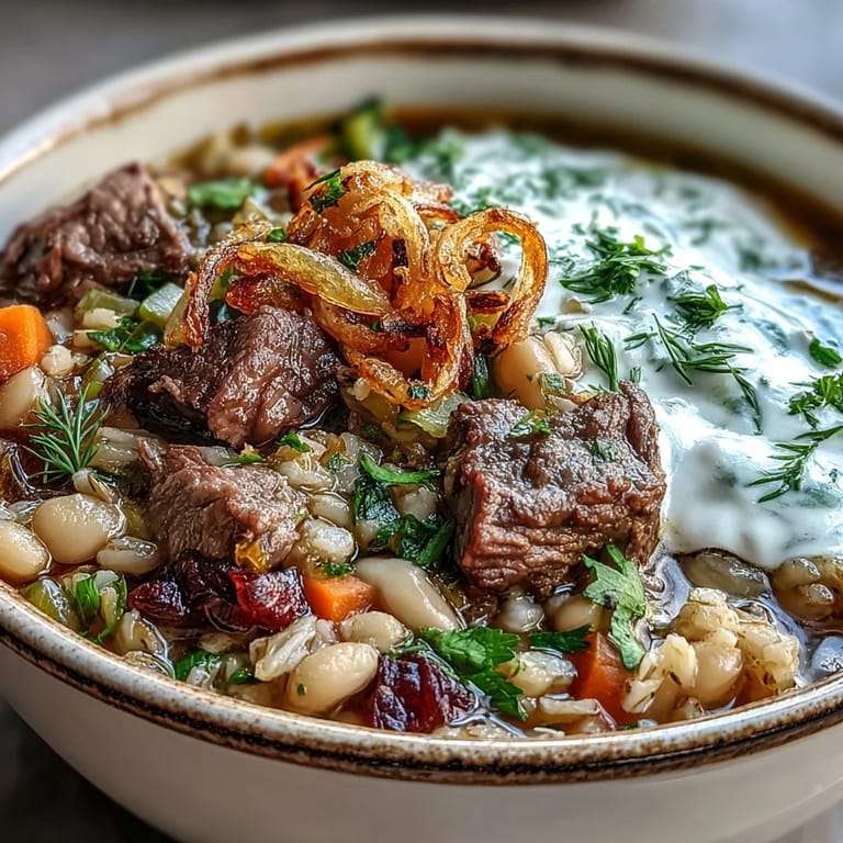 Hearty Persian-inspired Beef Barley Soup served hot with crusty bread and fresh greens.