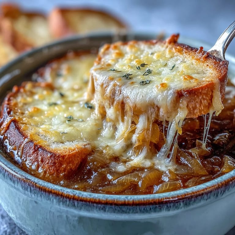 A cozy bowl of Classic French Onion Soup garnished with thyme, paired with a crisp white wine.