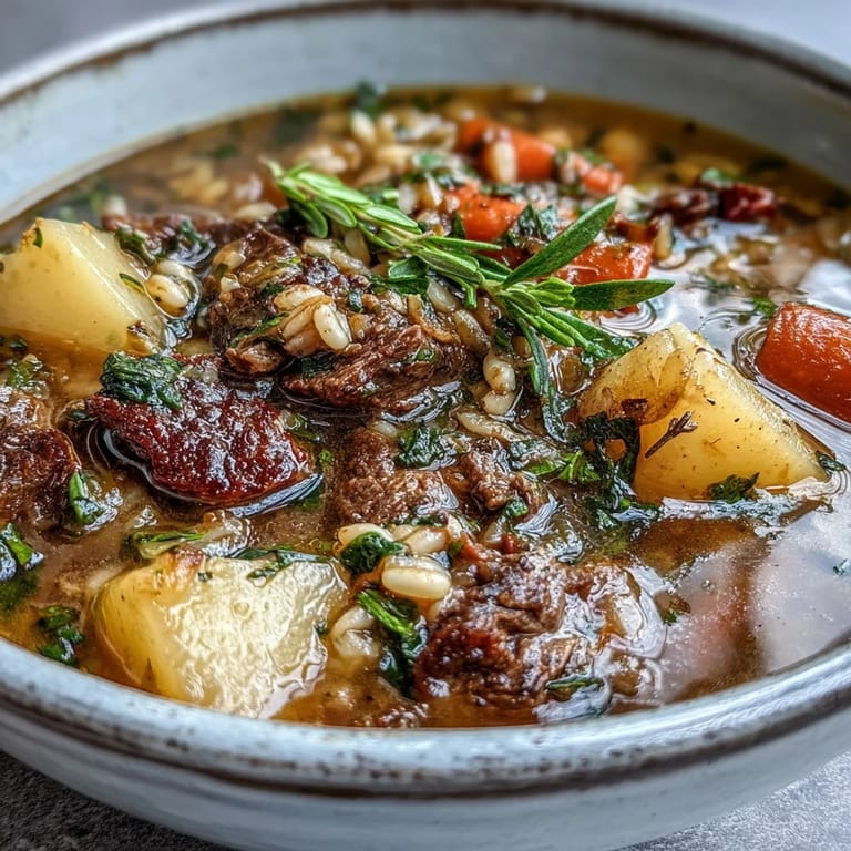 Beef and Barley Soup served hot with crusty bread, perfect for a cold winter evening.