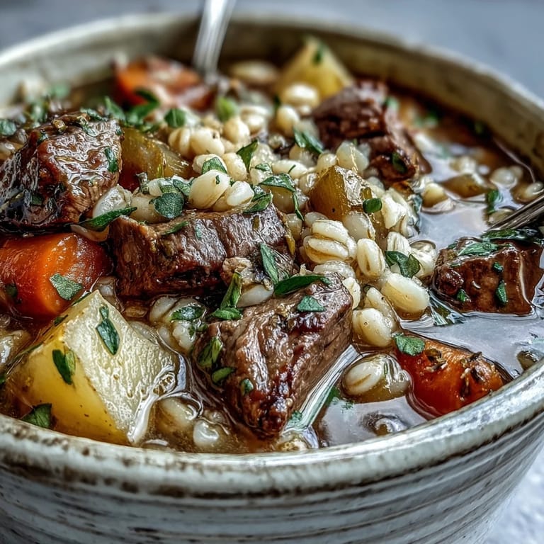 Hearty Beef and Barley Soup in a rustic bowl, featuring mushrooms and peas in rich broth.