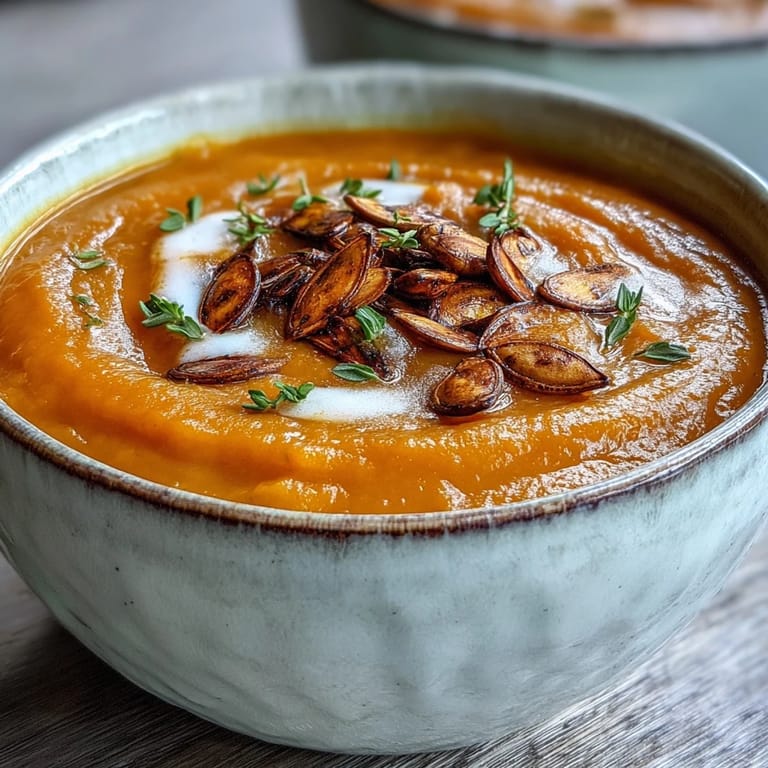 Hearty bowl of butternut squash soup served warm, with a swirl of coconut milk and crusty bread.