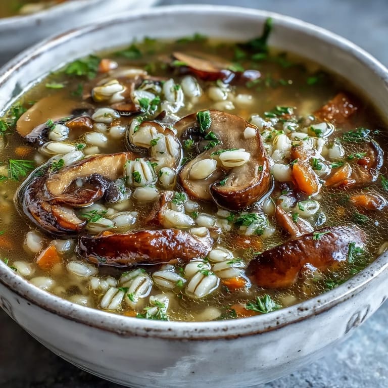 Mushroom Barley Soup simmers in a large pot, revealing tender pearl barley, carrots, celery, and an abundance of sliced mushrooms.