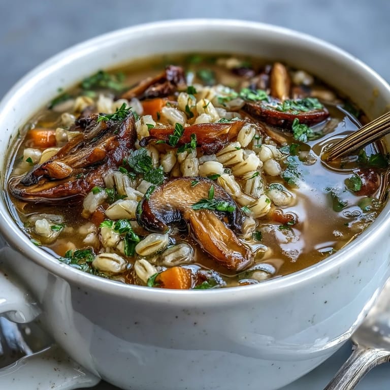 Deli-style Mushroom Barley Soup ladled into a rustic bowl, paired with rye bread on the side for a comforting vegetarian meal.