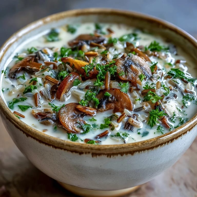 Steaming bowl of Wild Rice Mushroom Soup placed on a wooden table, perfect for a cozy, comforting vegetarian dinner in the fall.