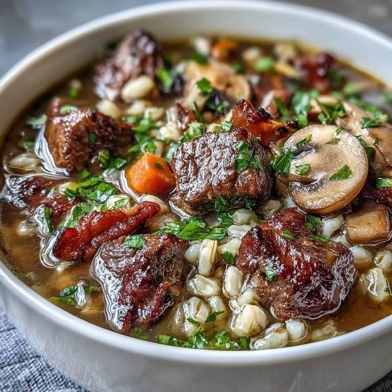 Ladle this hearty Beef and Barley Soup with Mushrooms into rustic bowls, garnished with fresh parsley for a cozy meal.