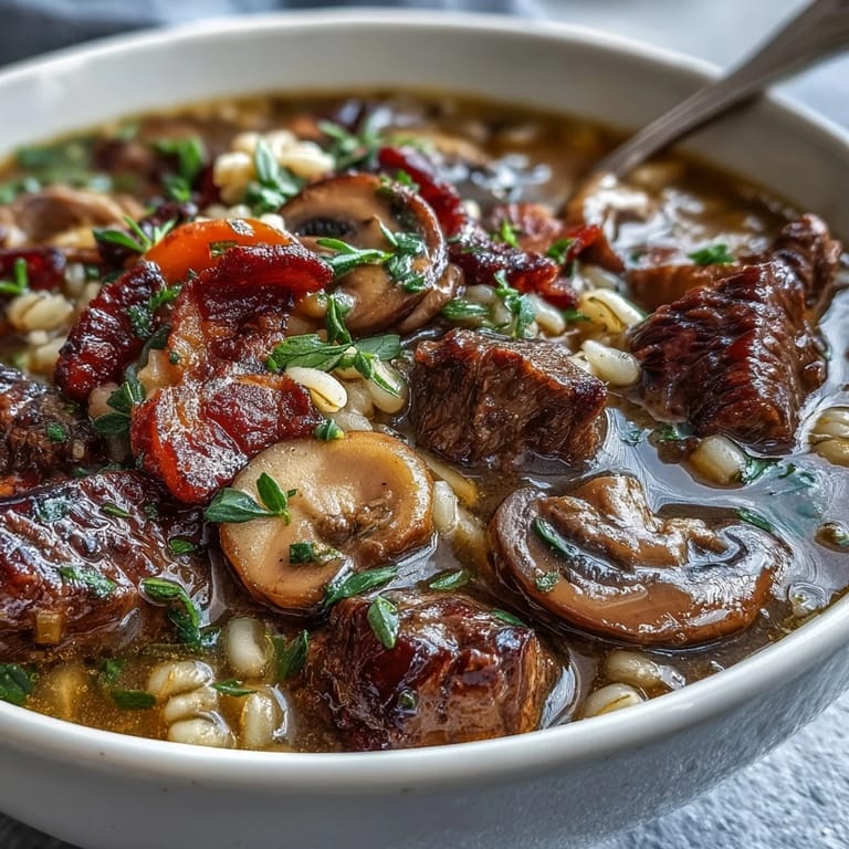 Earthy vegetables and nutty barley swirl in a steaming pot of Beef and Barley Soup with Mushrooms, ready to serve.