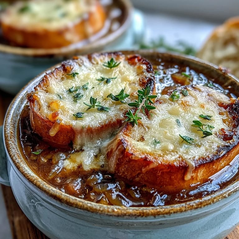Savory French Onion Soup topped with golden, toasted baguette rounds under a thick layer of melted Gruyère.