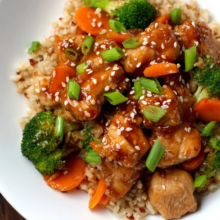Ready-to-serve One Pan Honey Garlic Chicken Broccoli Rice in a skillet, garnished with green onions and sesame seeds for a quick family dinner.