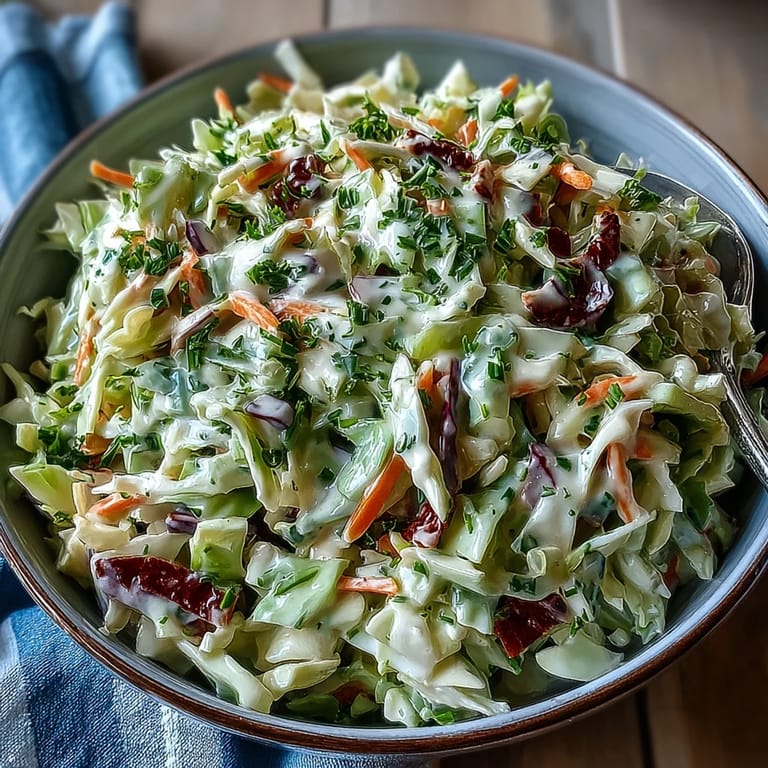 Creamy coleslaw tossed with crisp cabbage, shredded carrots, and a luscious dressing, served in a rustic ceramic bowl.