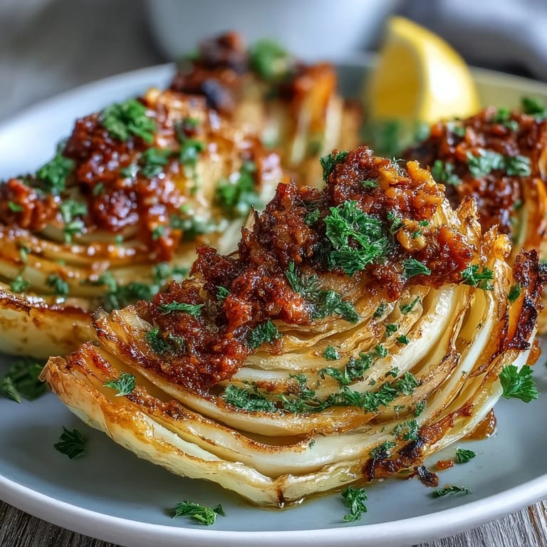 Warm platter of Baked Cabbage Salad With Winter Romesco, glossy romesco spooned over tender cabbage wedges, garnished with parsley and walnuts.