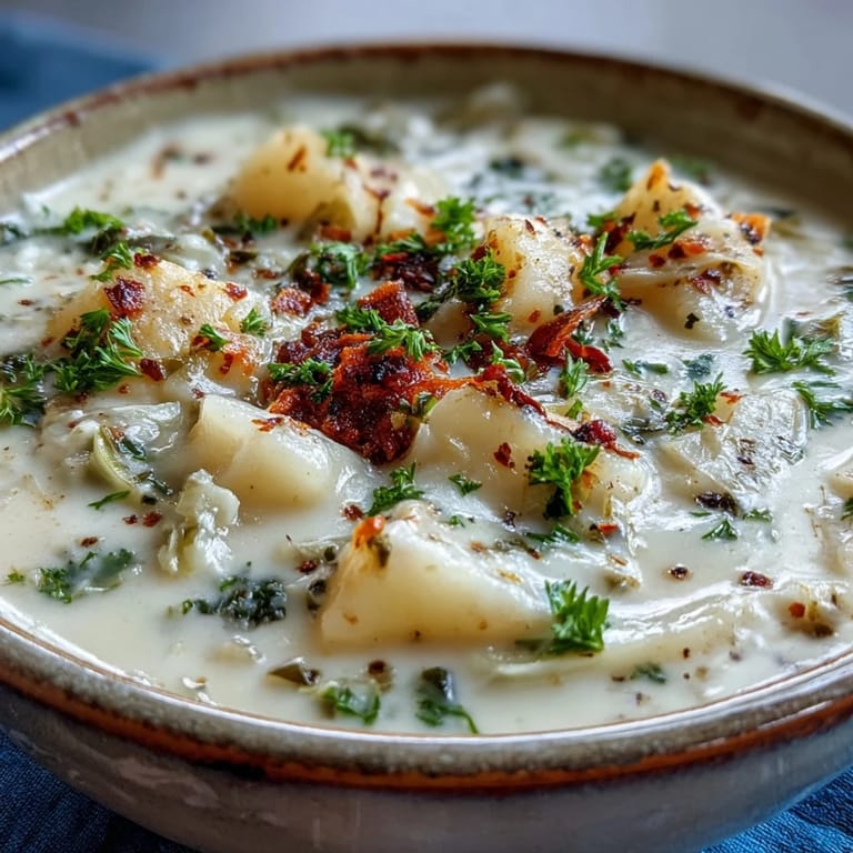 Rich Creamy Potato Soup with Cabbage ladled into a rustic bowl, with a swirling spoonful showing its smooth texture.