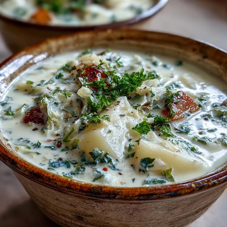 A pot of Creamy Potato Soup with Cabbage, featuring tender russet potatoes, carrots, and a velvety broth.