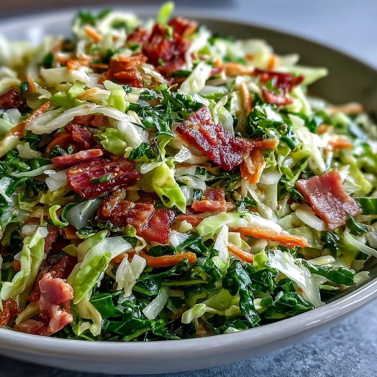 Freshly tossed German cabbage coleslaw with shredded ham served in a bowl with parsley, ready for schnitzel.